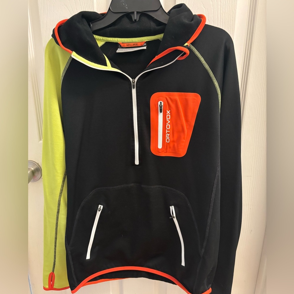Ortovox jacket- Black and Neon Hooded Jacket with Orange Accents